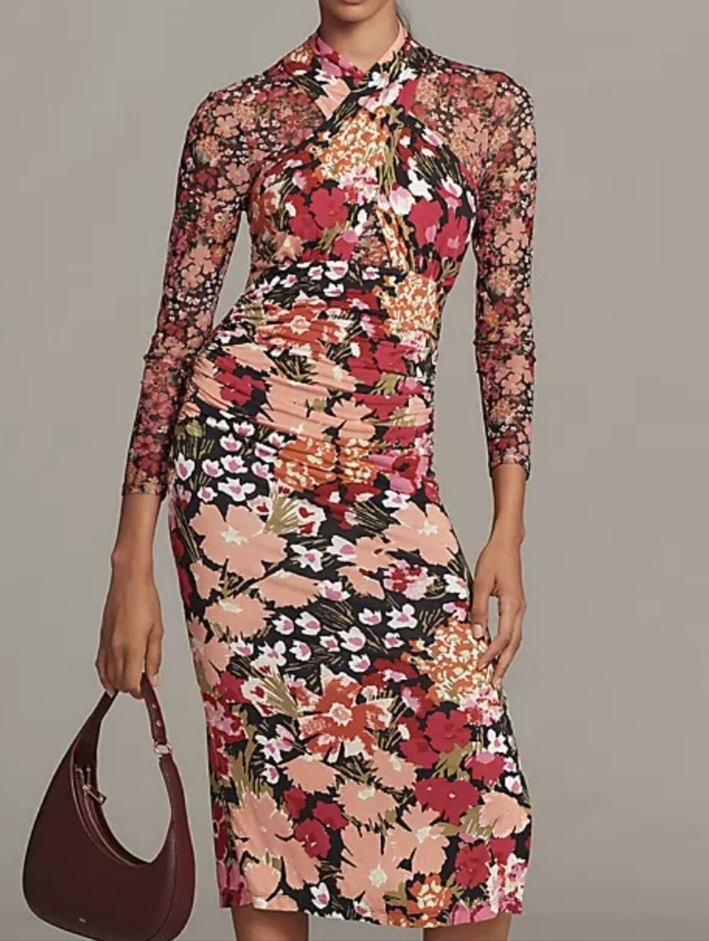 NWT Anthropologie Floral Long Sleeve Halter Mesh Midi Dress